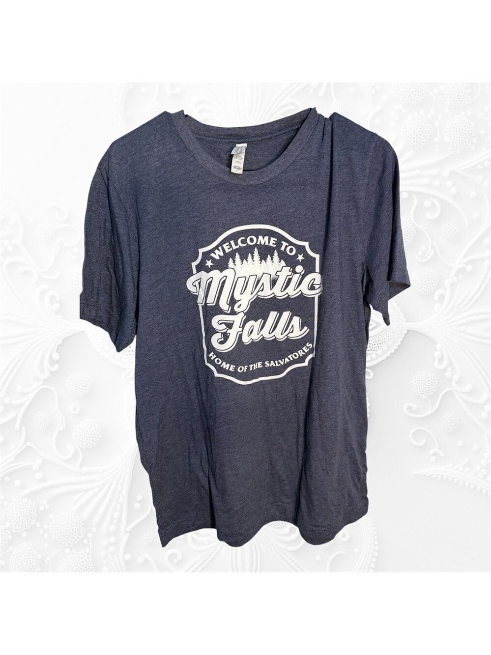 Bella Canvas Heather Navy Crewneck Mystic Falls Graphic T-Shirt size L